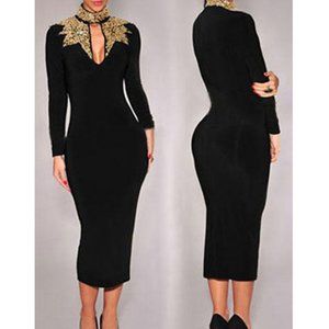 Spring Black Navy Gold Midi Dress  Long Sleeve women